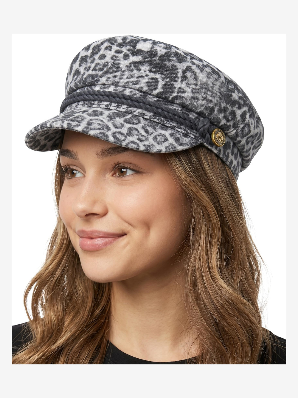 Greek Fisherman Newsboy Cap, Cotton Captains Bakerboy | Leopard, Black | Size OS